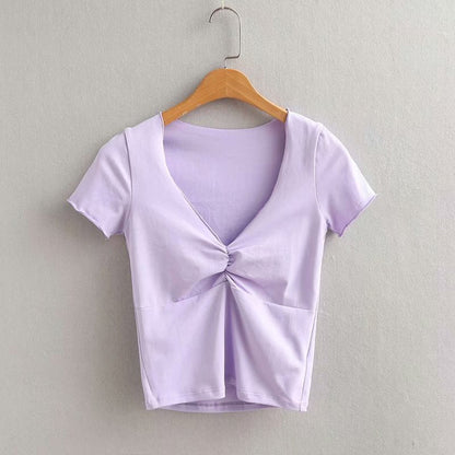 Summer Women Fashion Sexy V-Neck Solid Color Blank T-Shirt