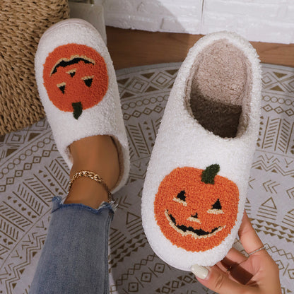 Pantuflas de felpa de calabaza con dibujos animados de Halloween para mujer