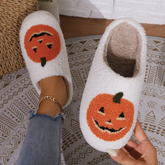 Pantuflas de felpa de calabaza con dibujos animados de Halloween para mujer
