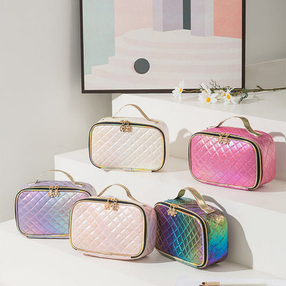 Bolsa de cosméticos de cuero sintético con efecto láser y degradado de color