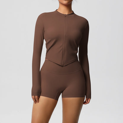 Ensemble haut à manches longues et short de yoga pour femme, couleur unie