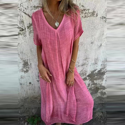 Robe d'été décontractée en lin à col en V pour femme