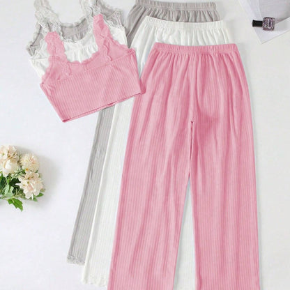 Ensemble pyjama haut court et pantalon ample en dentelle de couleur unie pour femme