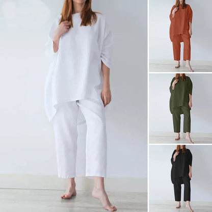 Conjunto informal de lino y algodón de talla grande para mujer