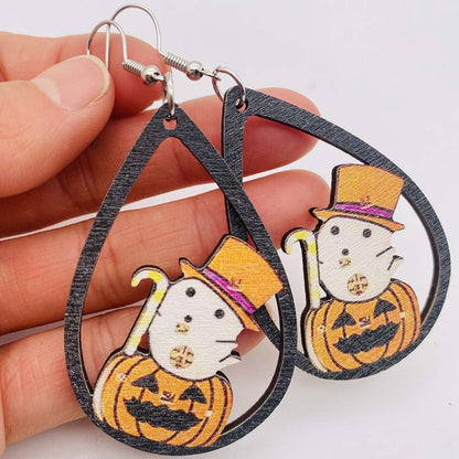 Halloween Women Funny Pumpkin Wizard Wooden Earrings
