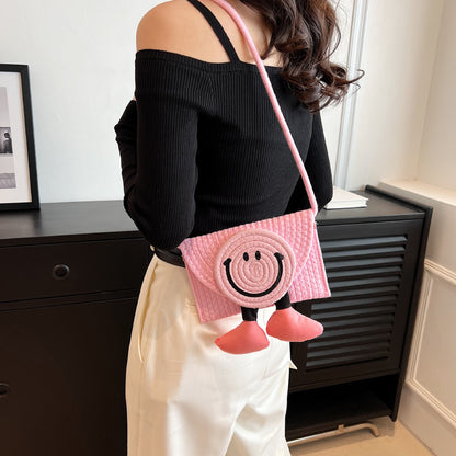 Bolso bandolera creativo de paja con carita sonriente de verano