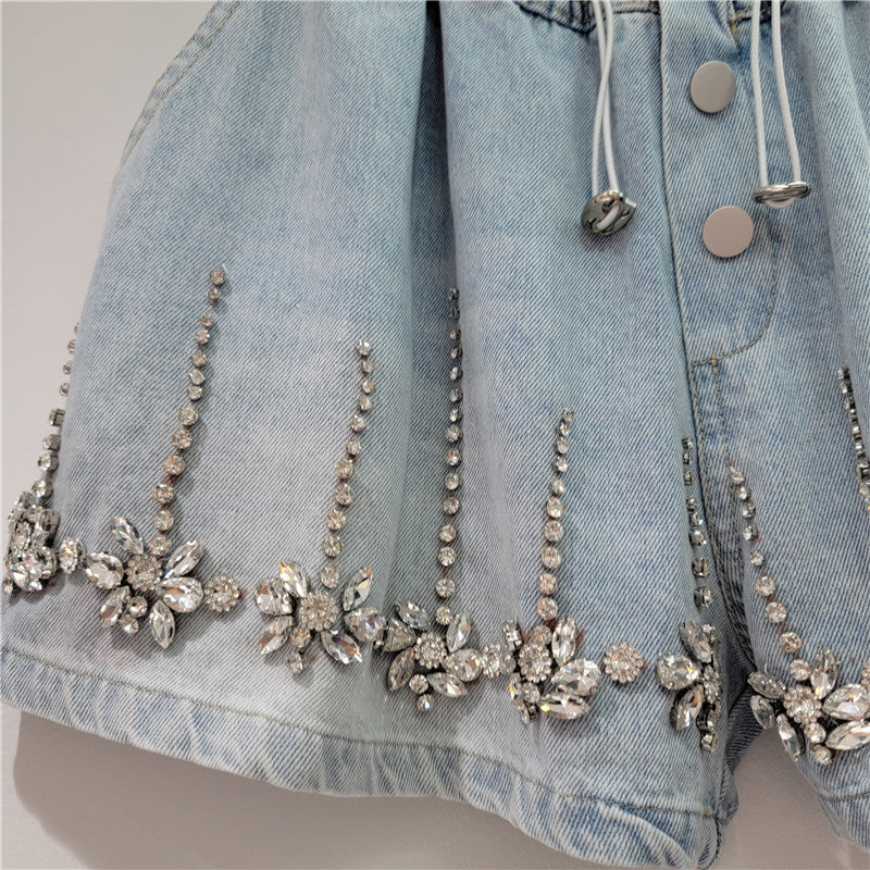 Pantalones cortos vaqueros de cintura alta con cuentas y diamantes de imitación para mujer