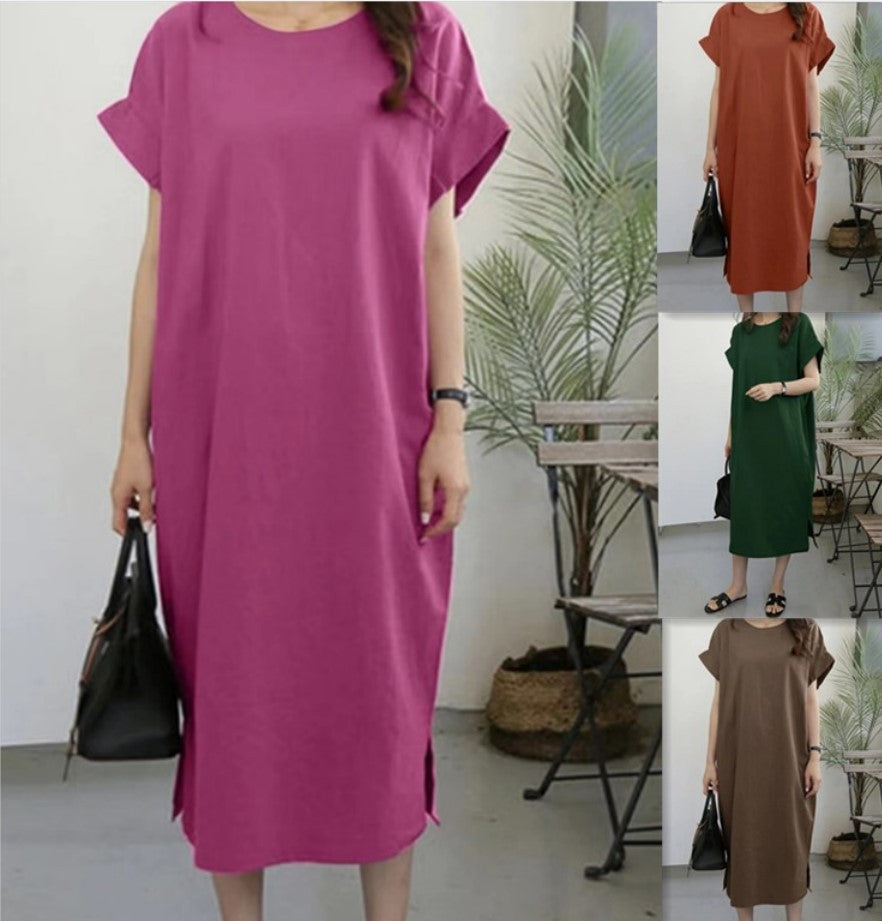 Robe ample décontractée en coton et lin de couleur unie pour femme