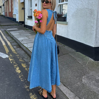 Women Fashion Sexy Solid Color Sleeveless Backless Denim Dress