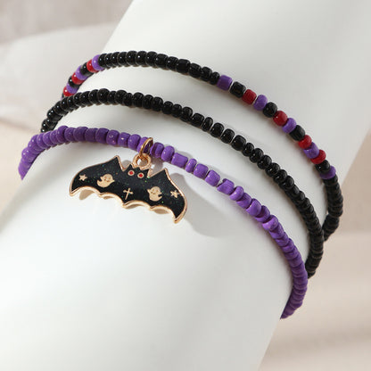 Conjunto de pulsera de Halloween con cuentas de aleación de calabaza y murciélago de colores variados retro a la moda para mujer