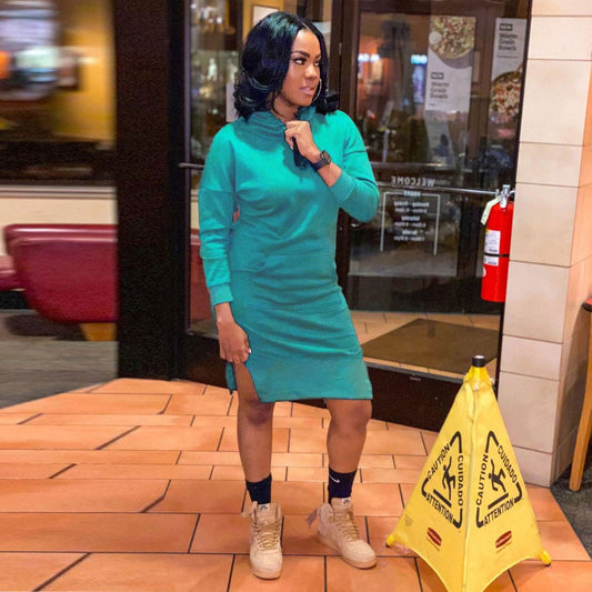 Women Fashion Solid Color Hooded Long Sleeve Dress