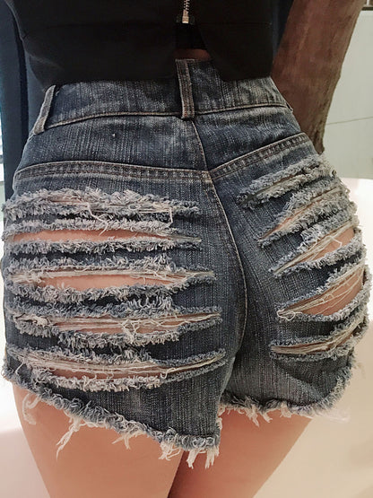 Pantalones cortos vaqueros sexis con agujeros para mujer, pantalones rectos de algodón con cintura alta