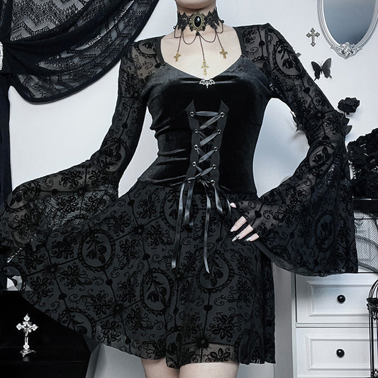 Gothic Style Women Long Sleeve Flocking Dress