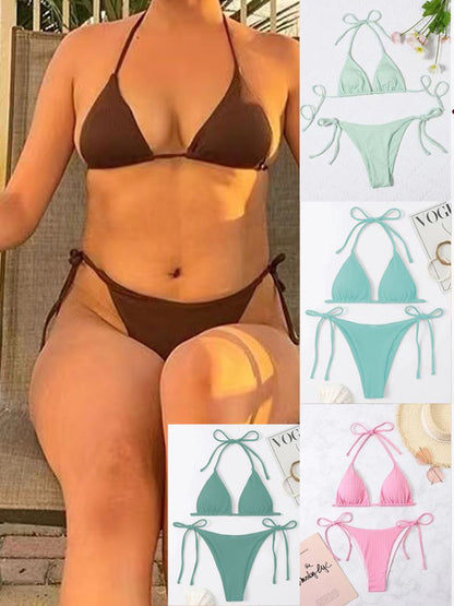 Conjunto de bikini sexy con tirantes finos de color liso para mujer de verano