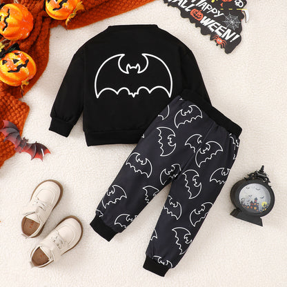 Conjunto de mezcla de algodón con estampado de murciélago de Halloween para niños pequeños