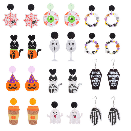 Pendientes acrílicos divertidos de calabaza y gato para Halloween para mujer