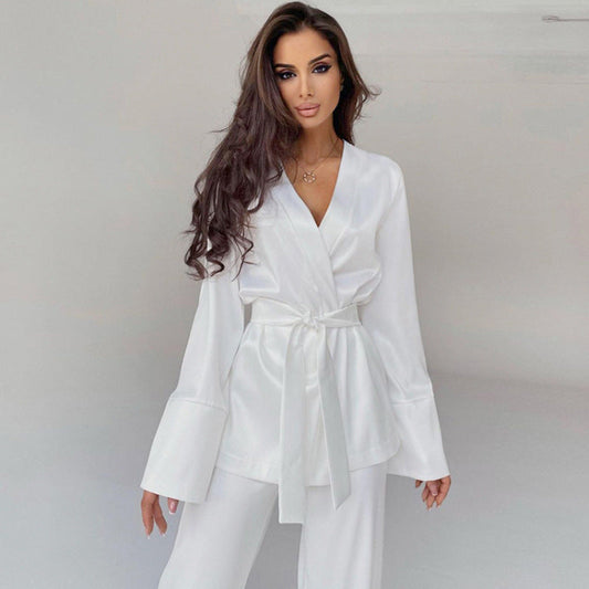 Women Fashion Loose Ice Silk Comfortable Long Sleeve Pajamas Set
