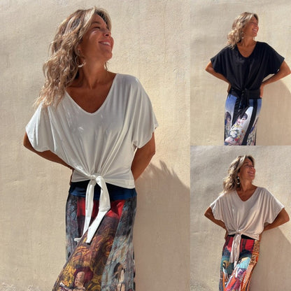 Women Fashion Casual Solid Color Irregular Knotted Hem V Neck Blank T-Shirt