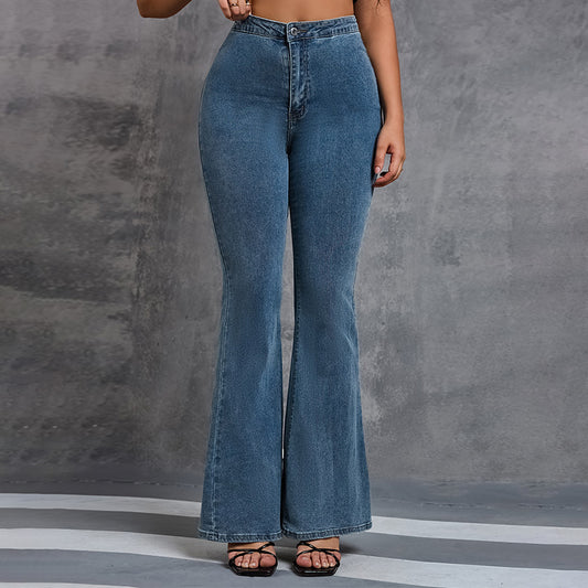 Women Fashion Casual Solid Color Stretch High Waist Wide Leg Flared Jeans