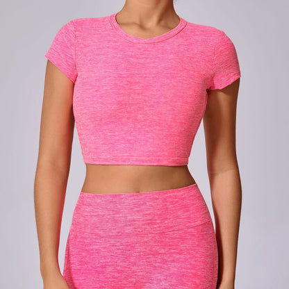 Top de yoga de manga corta de color liso sexy para mujer