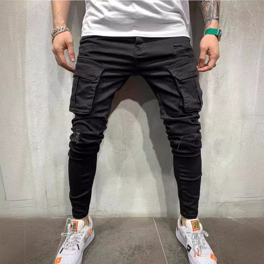 Men Casual Solid Color Stretch Denim Jeans with Multi-Pockets