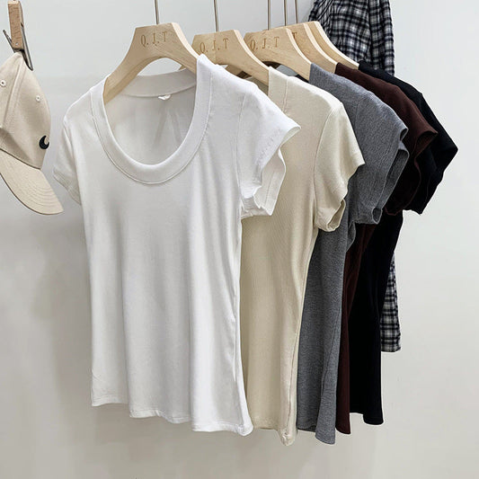 Camiseta sencilla de manga corta con cuello en U y hilo de color liso para mujer