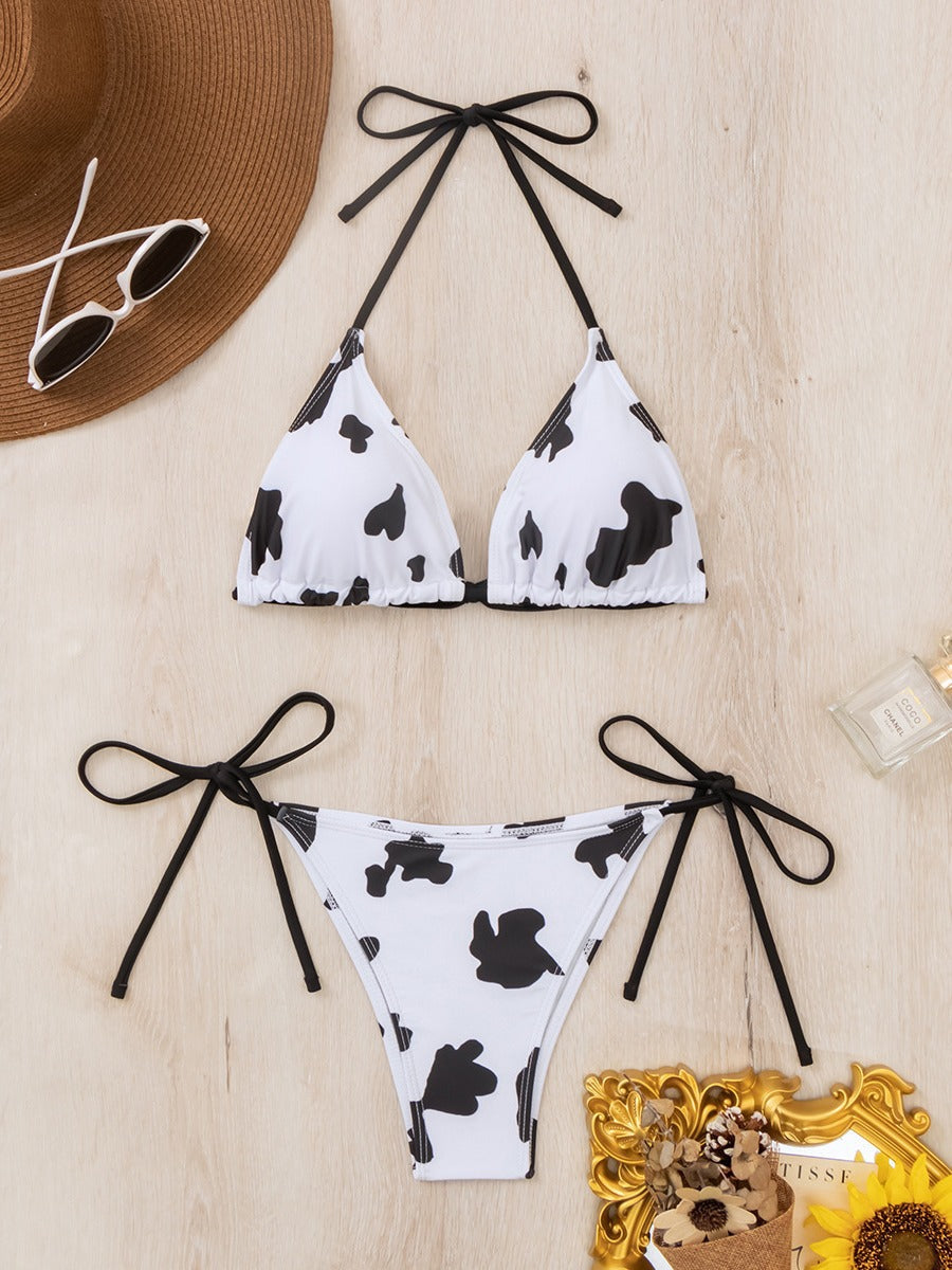 Bikini sexy con cuello halter y estampado de vaca para mujer