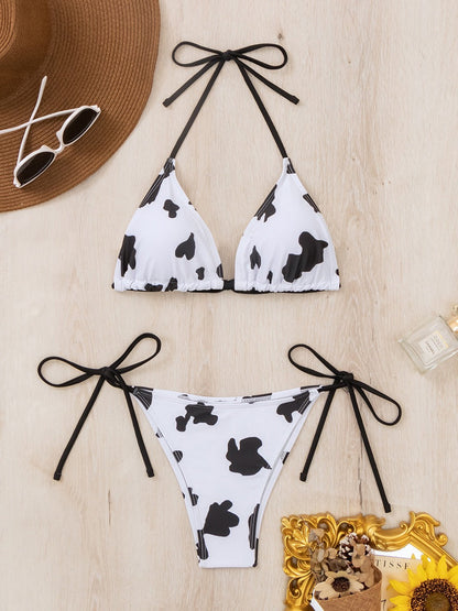 Bikini sexy con cuello halter y estampado de vaca para mujer