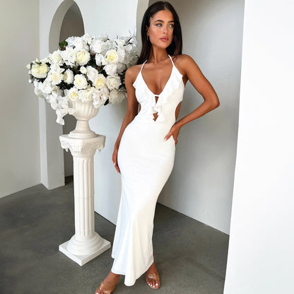 Women Fashion Sexy Solid Color Ruffled Dress