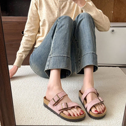 Women Summer Retro Cork Slippers With Suede Upper