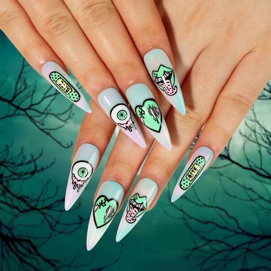 Mode femme Halloween étoile tachée coeur vert globe oculaire lèvres faux ongles