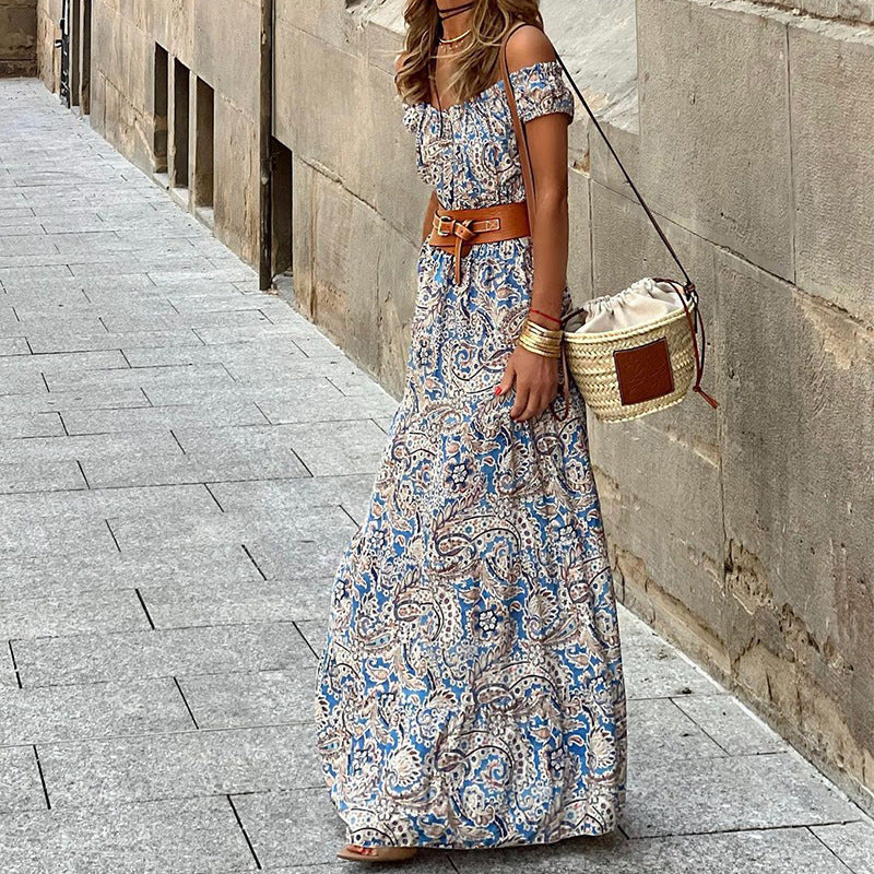 Women Fashion Casual Boho One Shoulder Belt Short Sleeve Dress