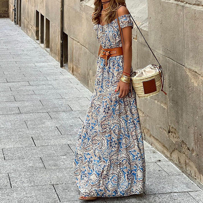 Women Fashion Casual Boho One Shoulder Belt Short Sleeve Dress