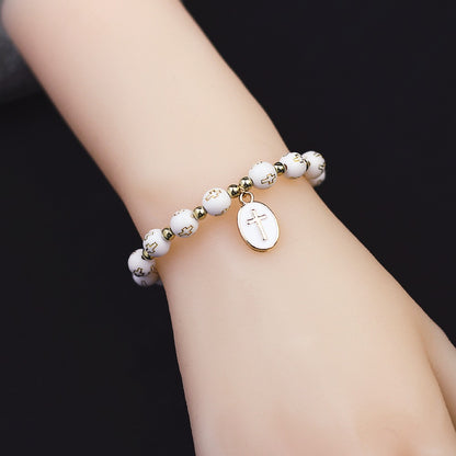 Pulsera de cuentas con colgante de cruz ovalada de moda para mujer