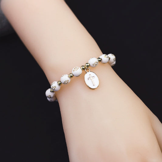 Women Fashion Oval Cross Pendant Beads Bracelet