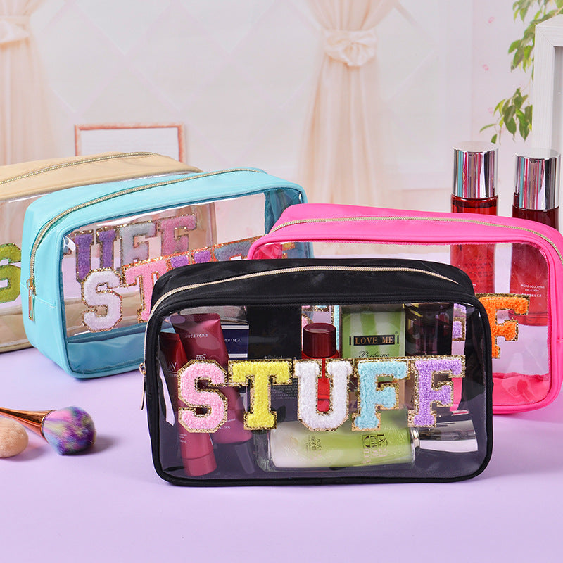Bolsa de cosméticos impermeable de PVC transparente con letras bordadas