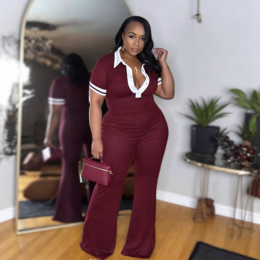 Women Fashion Casual Color-Contrast Lapel V-Neck Jumpsuits