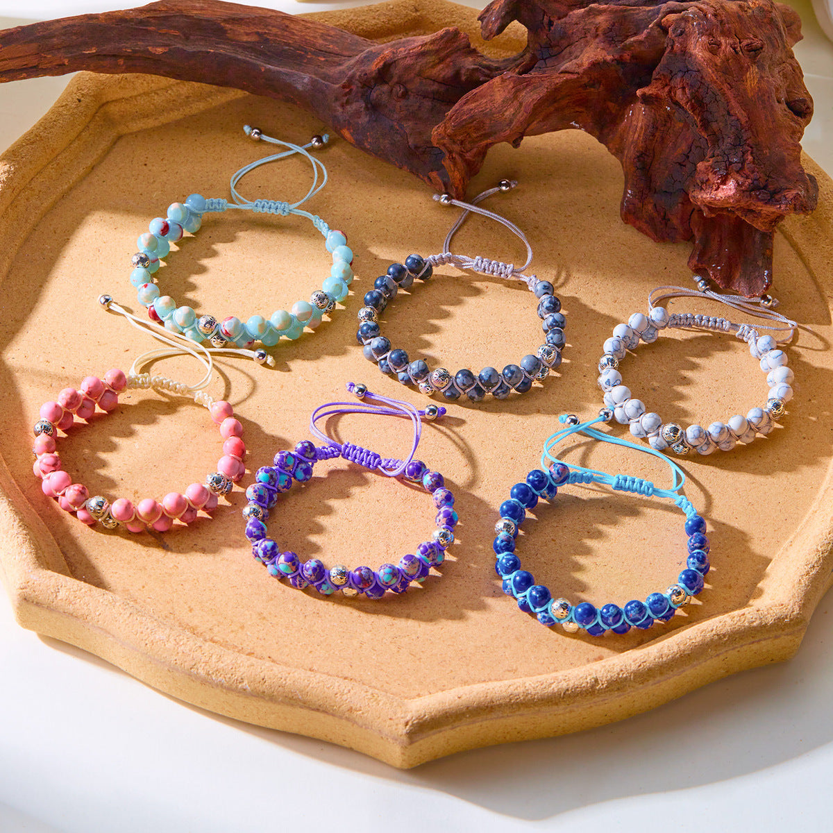 Women Fashion Casual Boho Handmade Woven Double-Layer Winding Natural Stone Bracelet