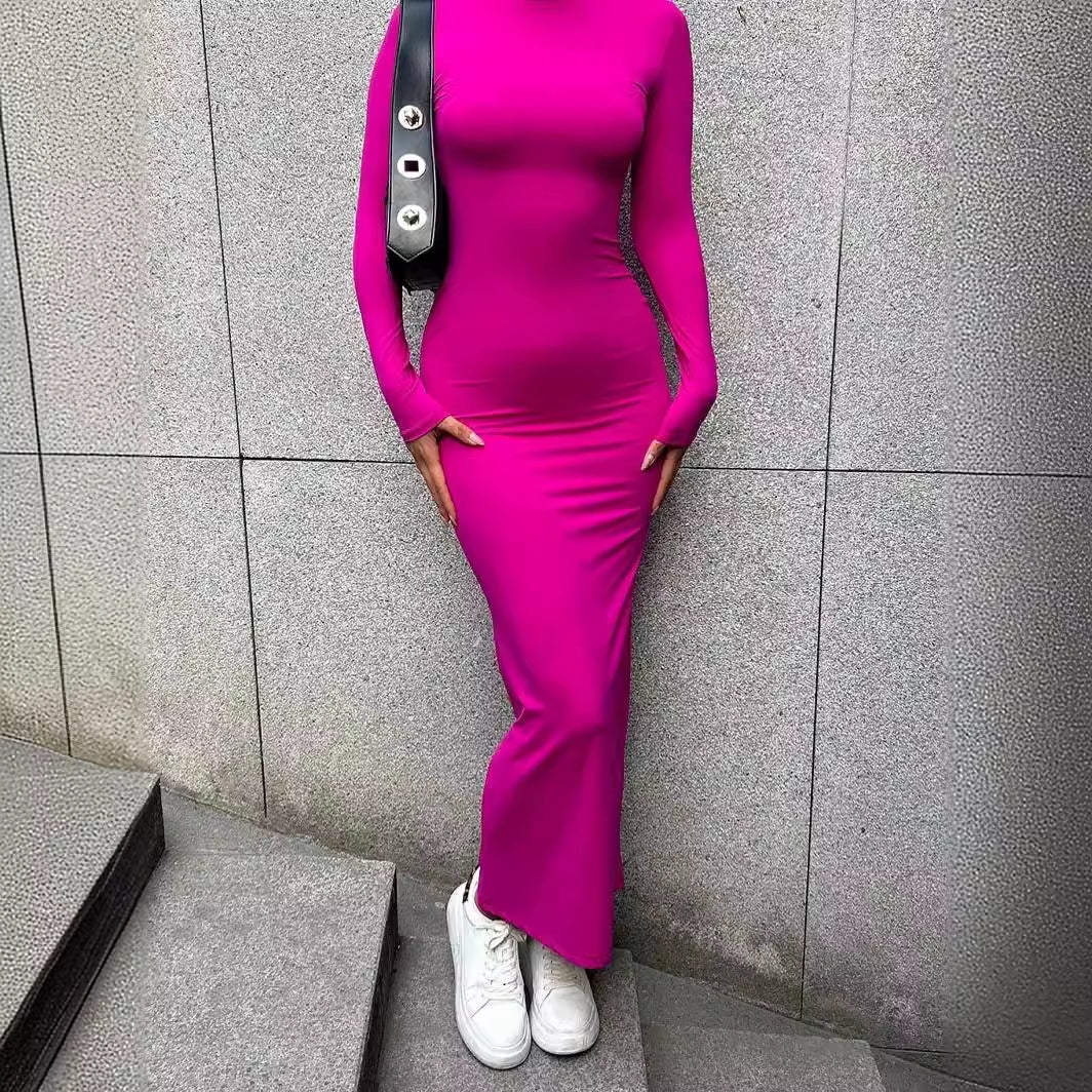 Women Solid Color Milk Fiber Long Sleeve Dress