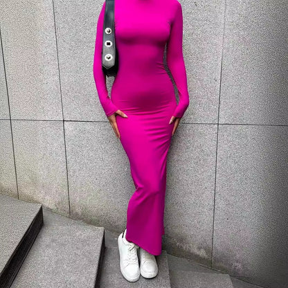 Women Solid Color Milk Fiber Long Sleeve Dress