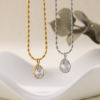 Women Fashion Titanium Steel Rhinestone Water Drop Necklace