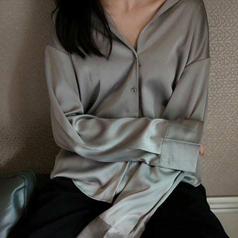 Women Casual Satin Long-Sleeve Blouse with Lapel