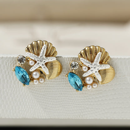 Pendientes de cristal con forma de estrella de mar, concha y perla para mujer, a la moda, para vacaciones, dorados y plateados.