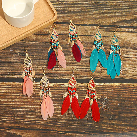 High-Value Feather Bohemian Long Tassel Earrings