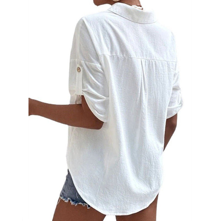 Blusas de lino y algodón de color liso a la moda para mujer