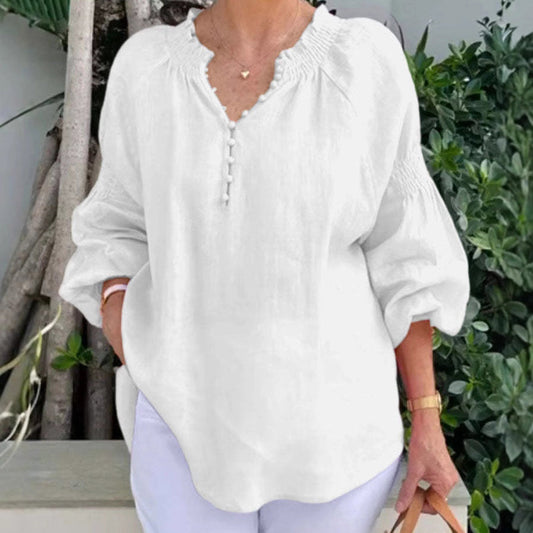 Blusa informal de color liso con cuello en V para mujer