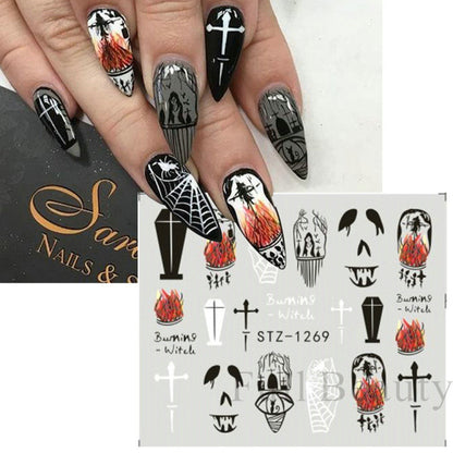 Autocollants pour ongles motif crâne et feuille d'érable pour femme, mode Halloween