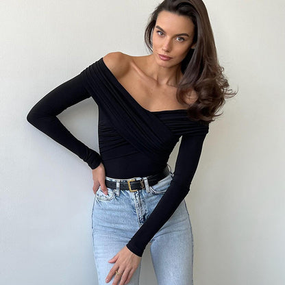 Body elegante de primavera y otoño con escote en V y hombros descubiertos y manga larga