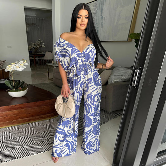 Women Fashion Casual Printed Bat Sleeve Backless Wide-Leg Jumpsuit