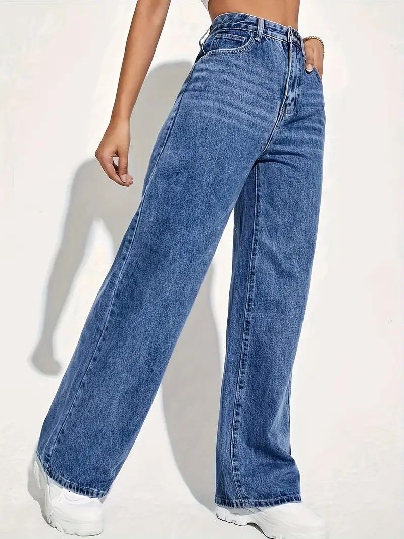 Women Fashion Casual Solid Color High Waist Jeans